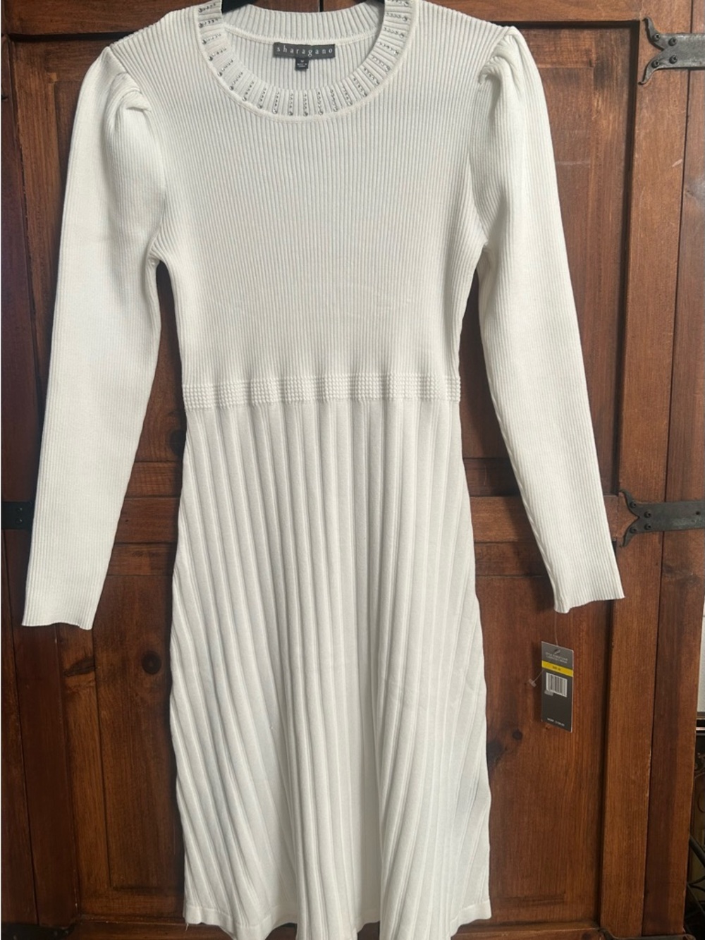 Sharagano Ivory knit Ribbed Long-Sleeve Midi Dress NWT